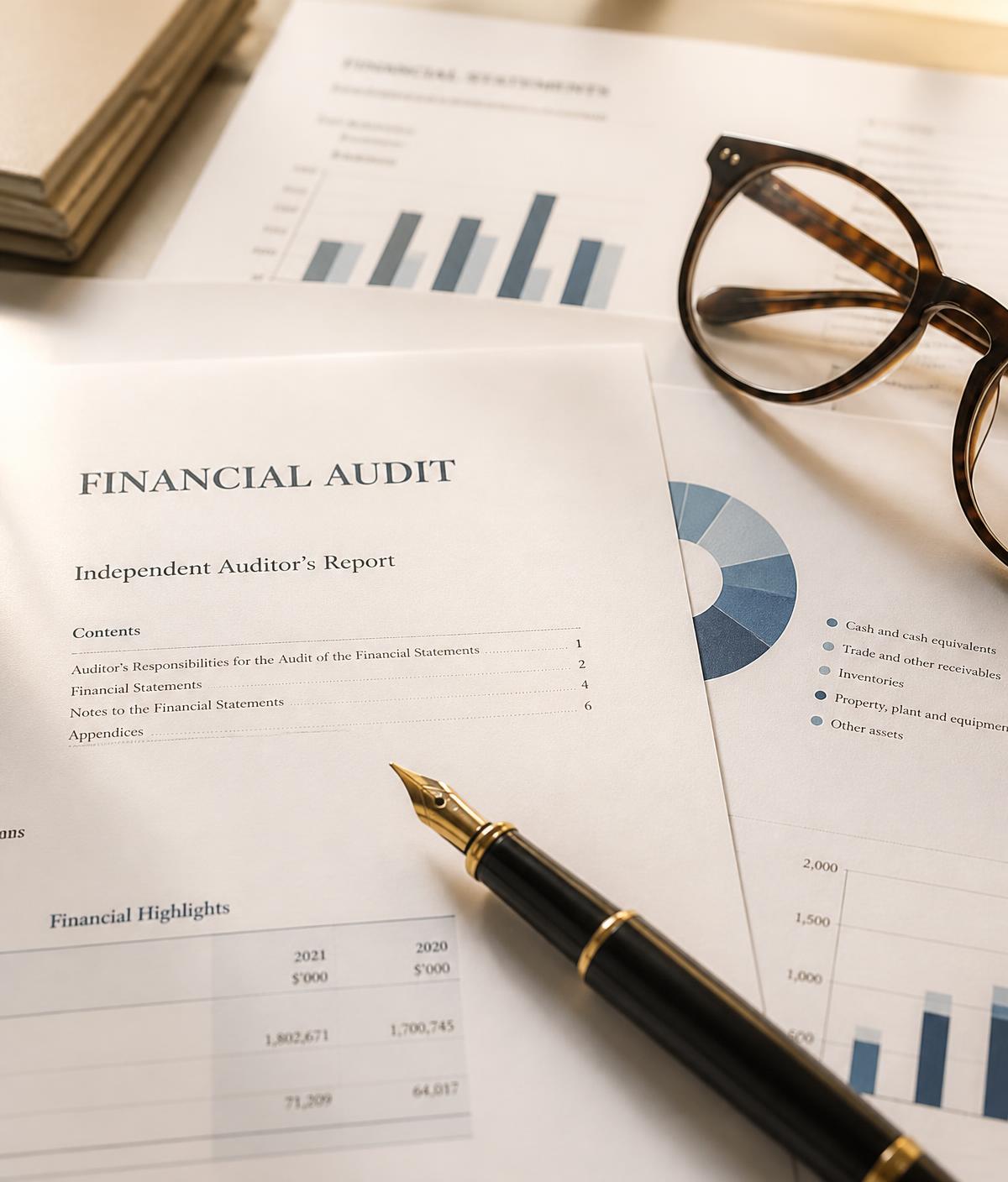 Relatório de auditoria financeira sobre a mesa com caneta e óculos