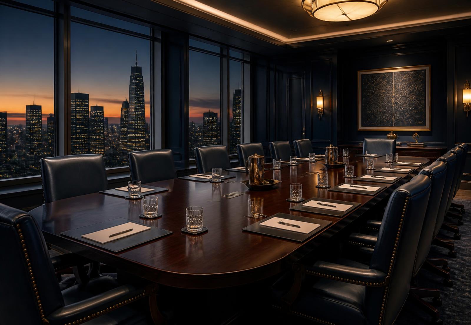 Sala de reunião executiva com vista para a cidade ao entardecer